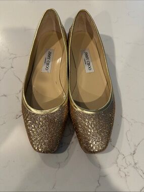 Jimmy Choo Gold Glitter Embossed Flats